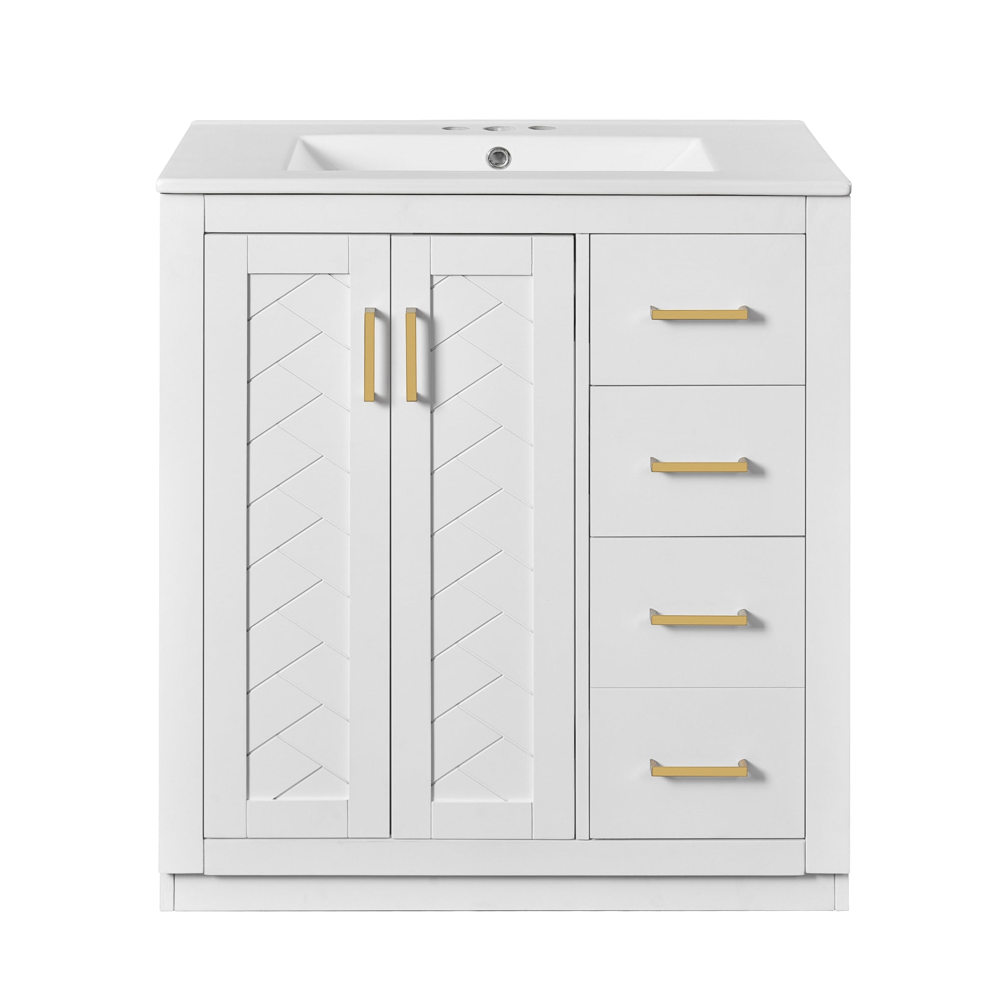 VanityFus 30-in White Bathroom Vanity Single Sink Combo with Ceramic Top Undermount 2 Soft Close Doors 3 Drawers